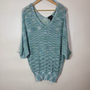 NWT Lane Bryant Women Sweater Blue Metallic Open Knit V Neck 18/20 Coastal Beach